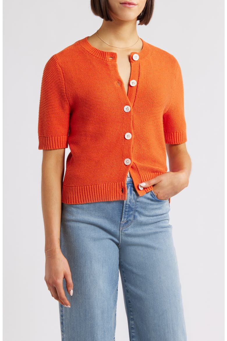 Elle Elbow Sleeve Linen & Cotton Button-Up Sweater, Main, color, PUREED PUMPKIN