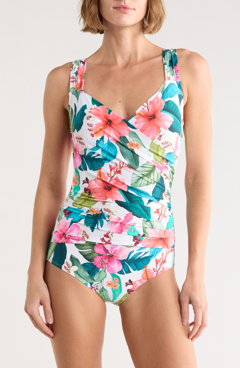 JANTZEN Mio Surplice One-Piece Swimsuit, Main, color, Multi White
