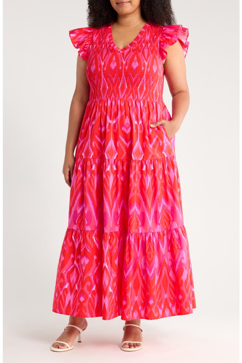 Belvin Ikat Print Smocked Maxi Dress, Main, color, RED/ PINK/ COMBO