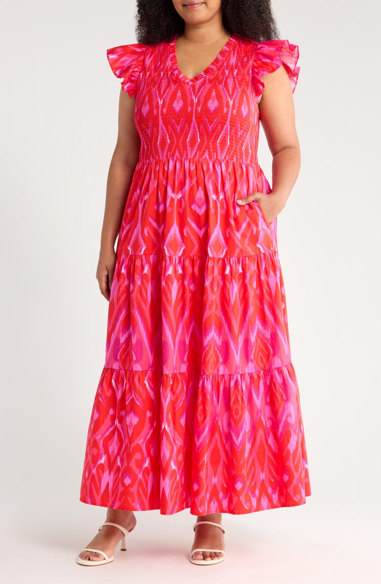 SUGARLIPS Belvin Ikat Print Smocked Maxi Dress, Main, color, Red/ Pink/ Combo