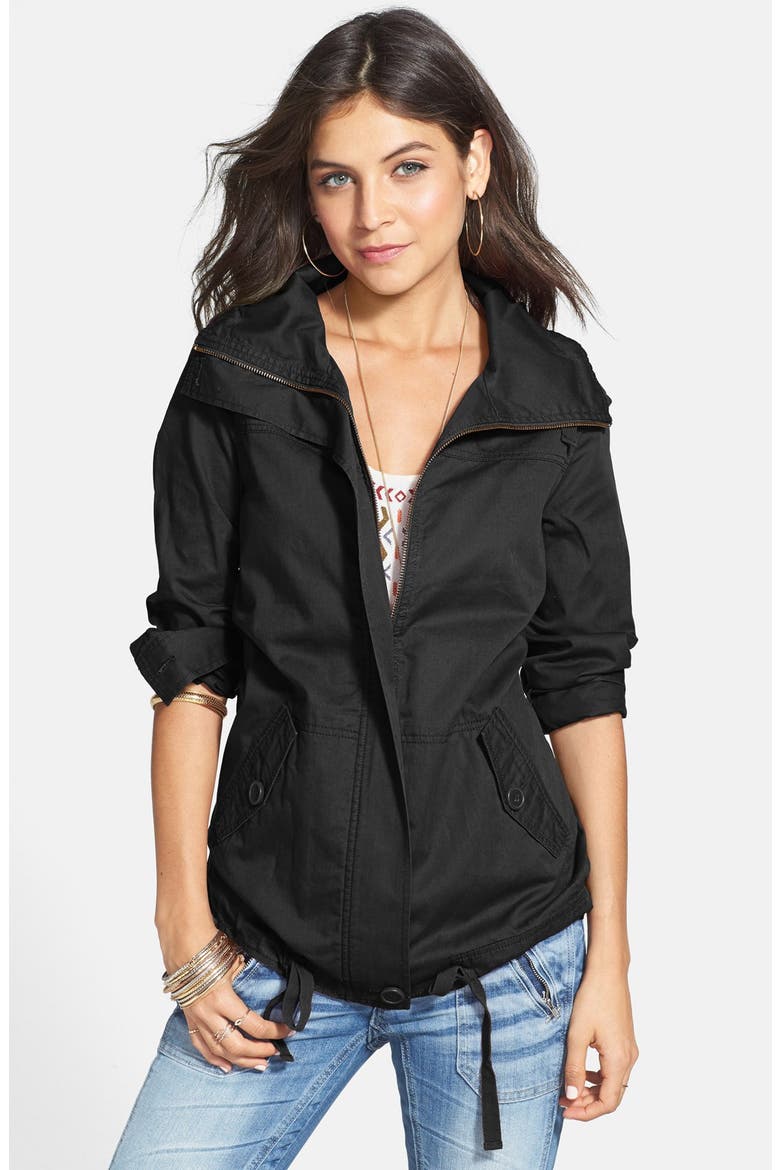 Drawstring Waist Twill Jacket, Main, color, BLACK