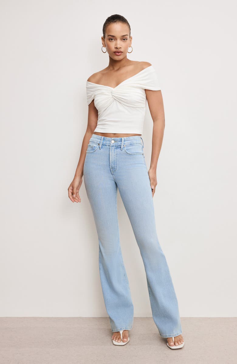 Good American Off the Shoulder Twist Jersey Crop Top, Alternate, color, Cloud White001