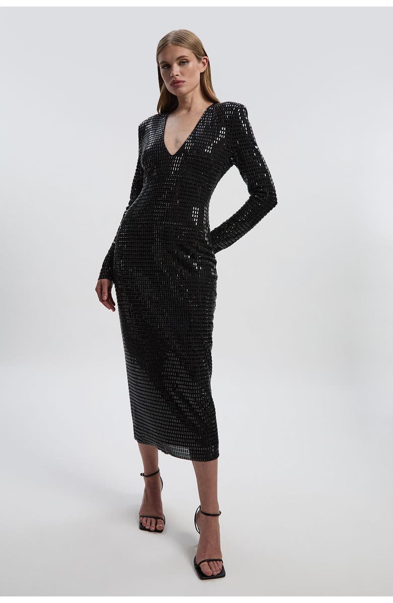 Karen Millen Long Sleeve Plunge Neck Midi Dress, Main, color, Black