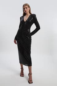 Karen Millen Long Sleeve Plunge Neck Midi Dress