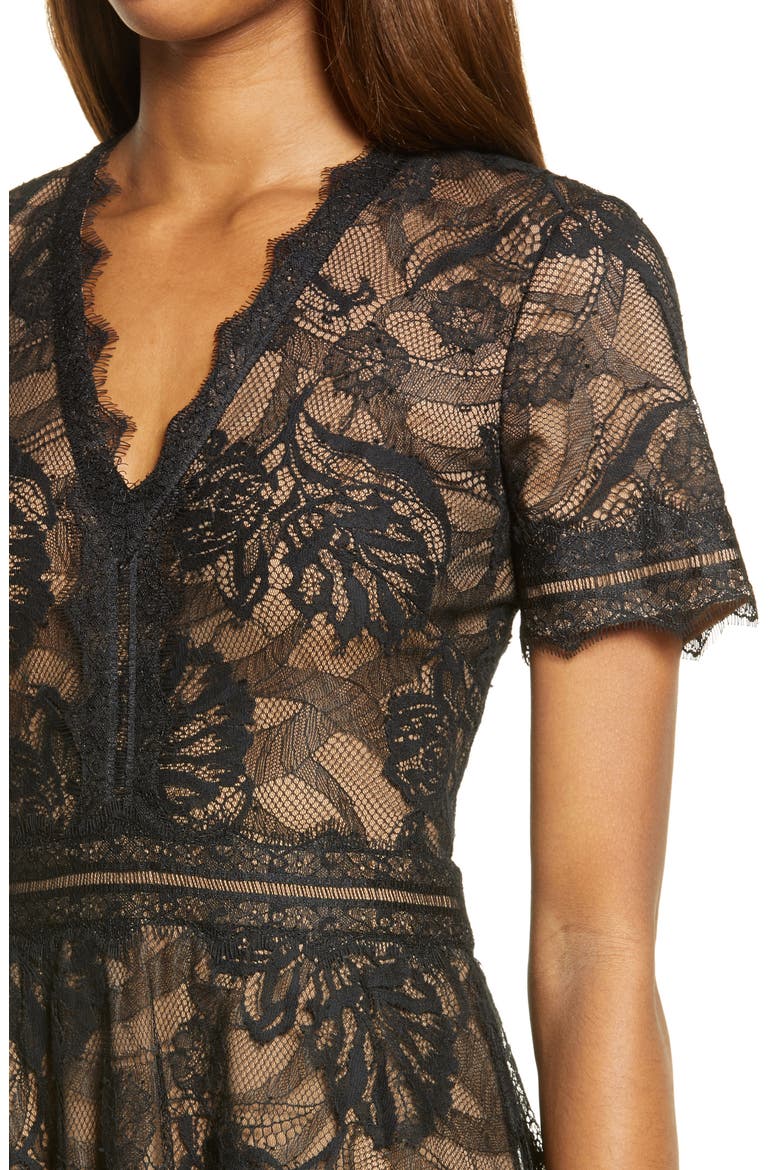 Lace & Mesh Midi Cocktail Dress, Alternate, color, BLACK/ NUDE
