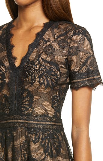 Lace & Mesh Midi Cocktail Dress