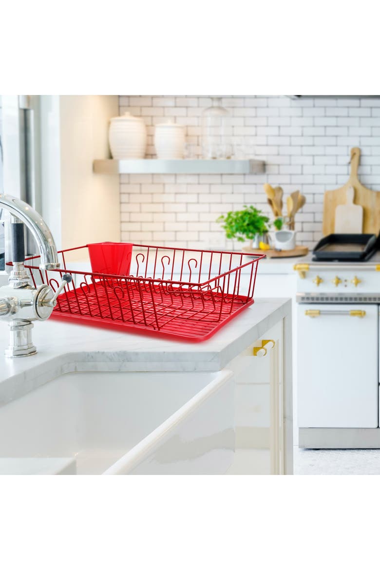 17.5 Inch Dish Rack with 14 Plate Positioners and a Detachable Utensil Holder, Alternate, color, Red