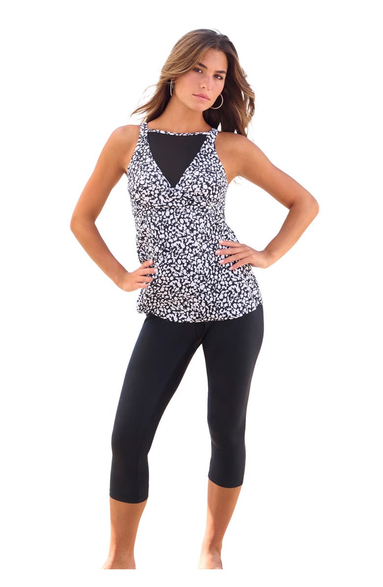 Swim 365 Mesh-Insert Twist Front Tankini, Main, color, Black White Abstract