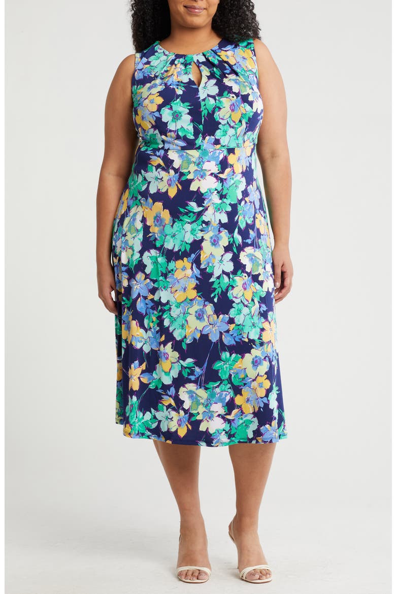 Floral Keyhole Sleeveless Empire Waist Midi Dress, Main, color, NAVY TEAL