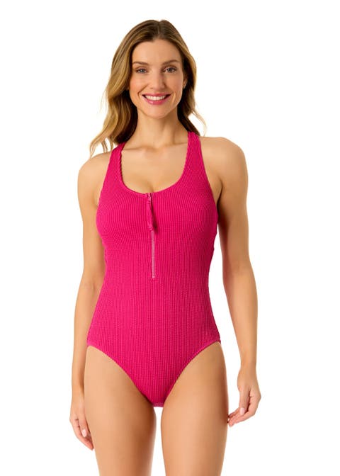 Women's Live In Color Textured Scoop Neck Front Racerback One Piece Swimsuit