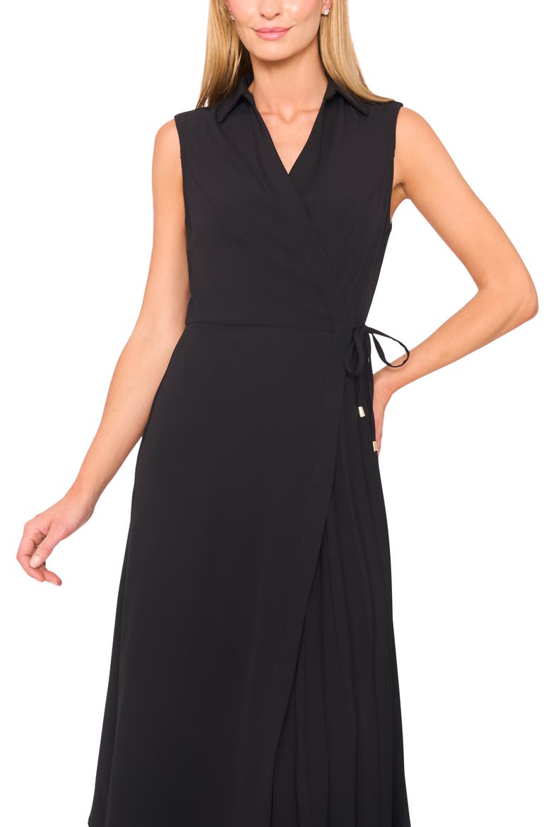 Pleated Faux Wrap Front Midi Dress, Alternate, color, RICH BLACK