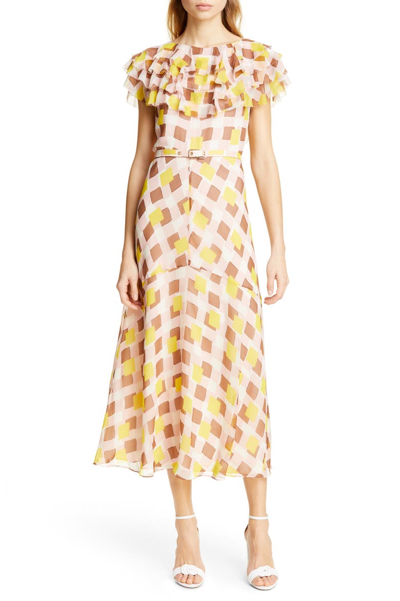 geo print ruffle silk midi dress, Main, color, STRAWBERRY MOCHI