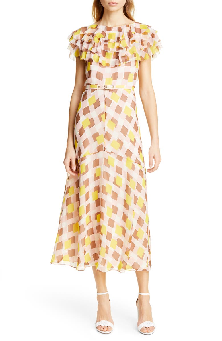 Kate Spade New York geo print ruffle silk midi dress, Main, color,