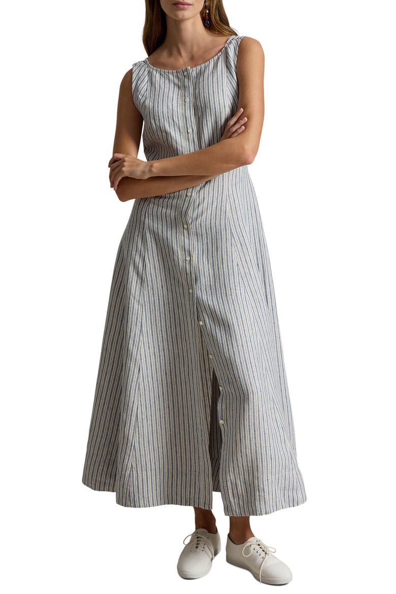 Stripe Panel Linen Dress, Main, color, NAVY-LIGHT BLUE MULTI