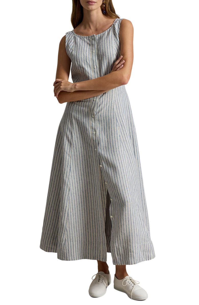 Polo Ralph Lauren Stripe Panel Linen Dress, Main, color, Navy-Light Blue Multi