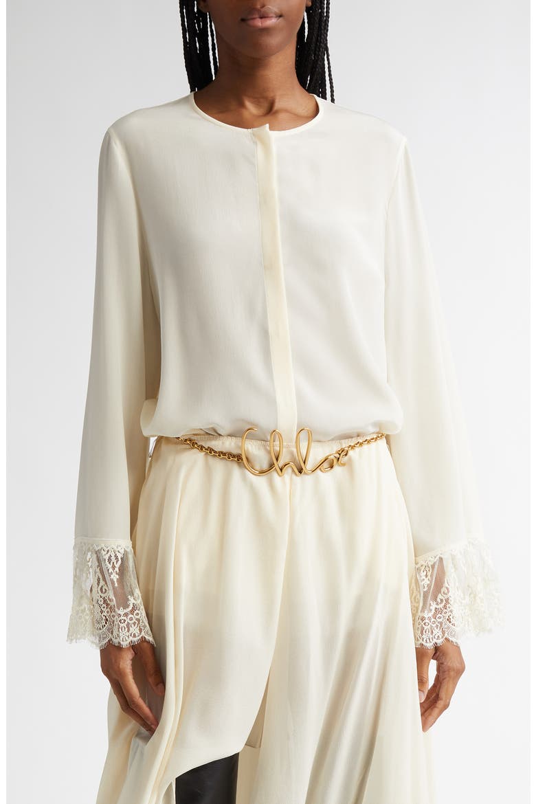 Lace Cuff Silk Crêpe de Chine Shirt, Main, color, COCONUT MILK
