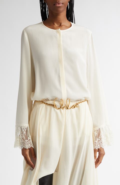 Lace Cuff Silk Crêpe de Chine Shirt