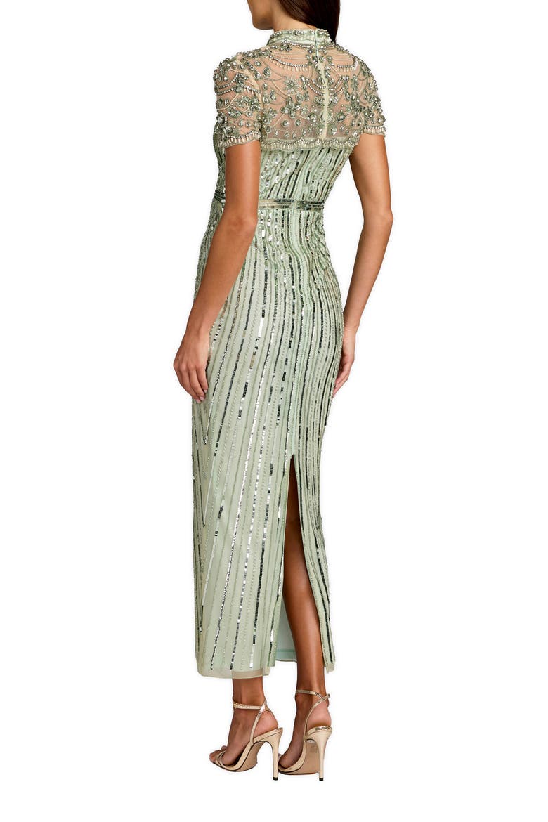 Beaded Mesh Short Sleeve Mock Neck Midi Dress, Alternate, color, Light Sage