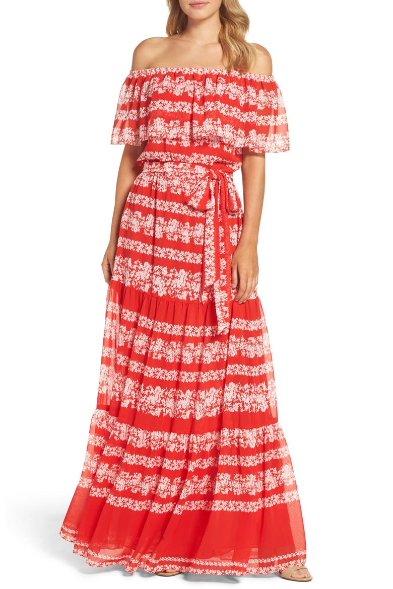 Off the Shoulder Maxi Dress, Main, color, RED/ IVORY