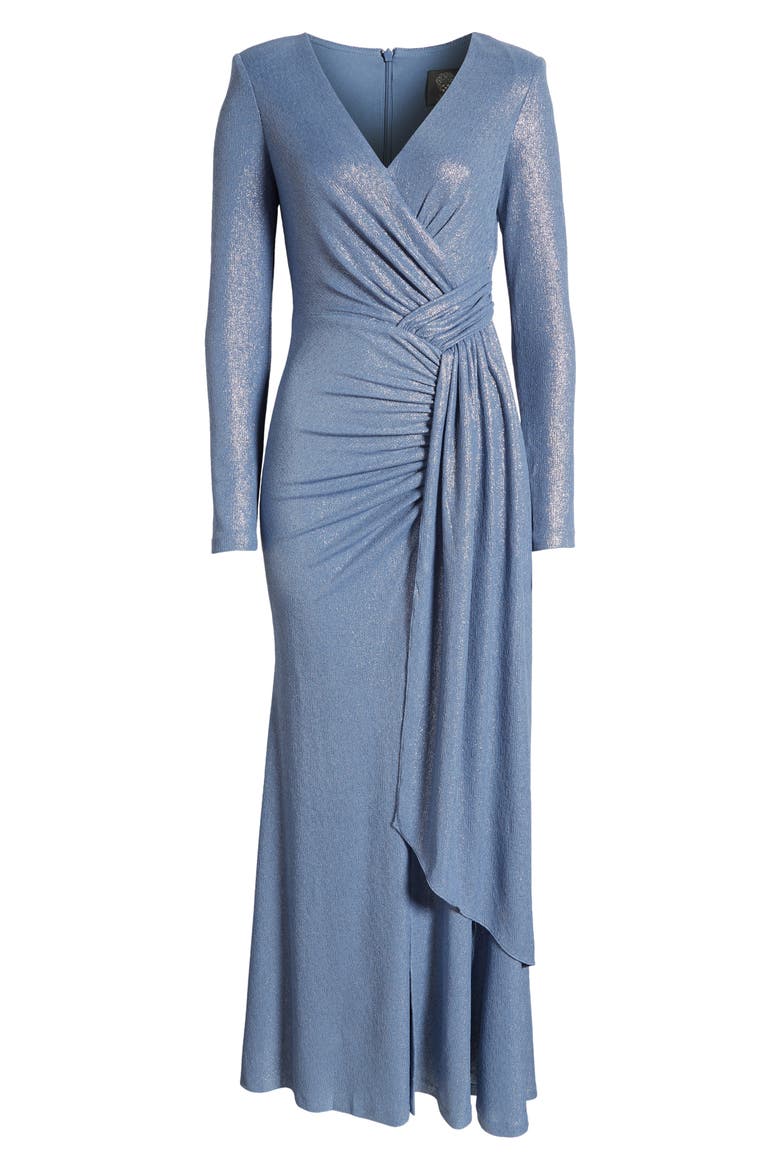 Ruched Metallic Side Drape Long Sleeve Gown, Alternate, color, BLUE