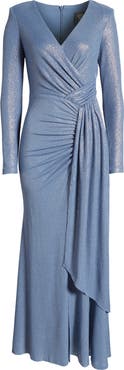 Vince Camuto Ruched Metallic Side Drape Long Sleeve Gown