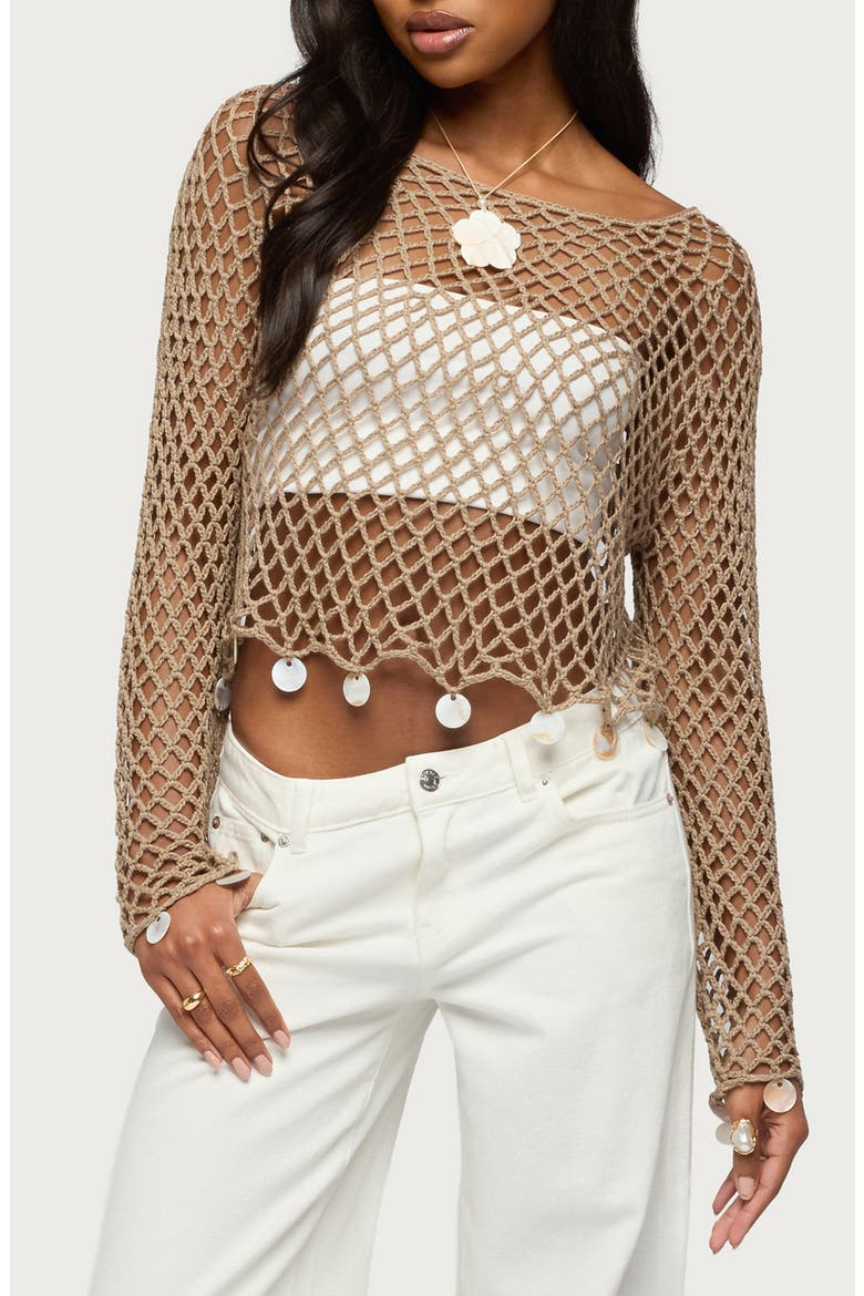 Macerena Iridescent Disc Open Stitch Top, Main, color, TAUPE
