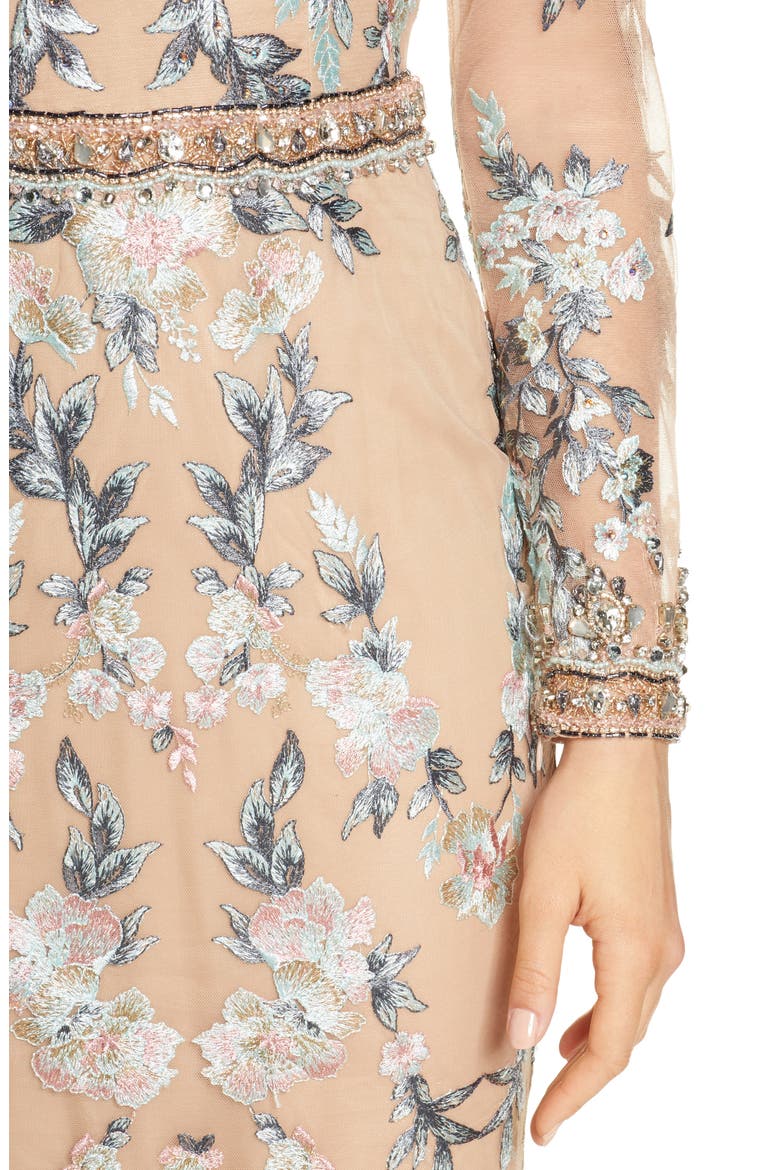 Embellished Long Sleeve Lace Gown, Alternate, color, NUDE MULTI