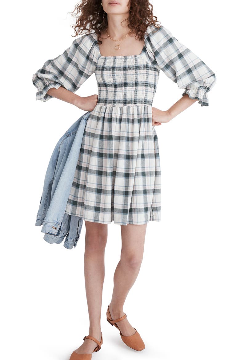 Lucie Lebaum Plaid Smocked Minidress, Main, color, ANTIQUE CREAM