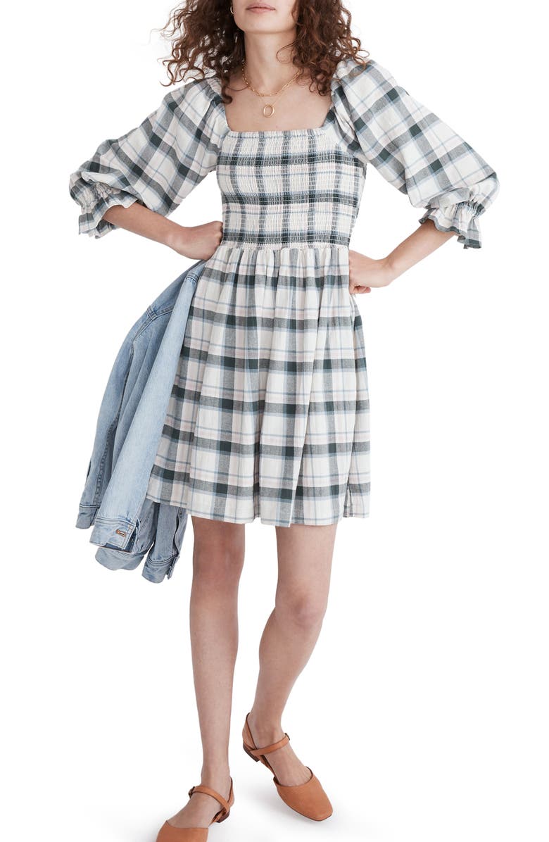Madewell Lucie Lebaum Plaid Smocked Minidress, Main, color,