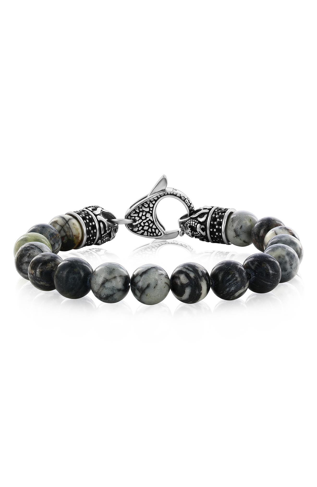 BLACKJACK Men's Stainless Steel Gray Jasper Beaded Bracelet