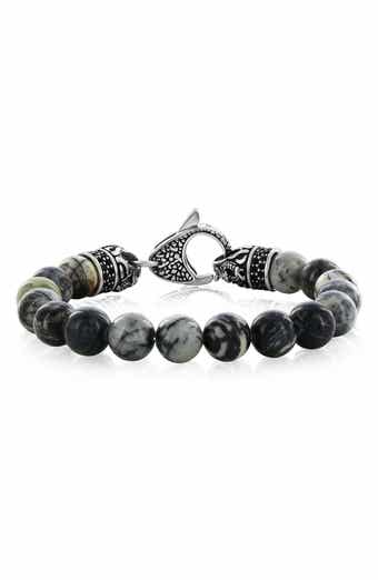 BLACKJACK Men's Stainless Steel Gray Jasper Beaded Bracelet