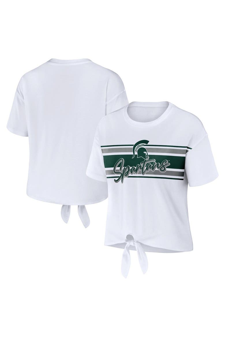 Women's WEAR by Erin Andrews White Michigan State Spartans Striped Front Knot Cropped T-Shirt, Main, color, White