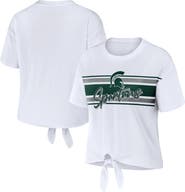 WEAR by Erin Andrews Women's WEAR by Erin Andrews White Michigan State Spartans Striped Front Knot Cropped T-Shirt