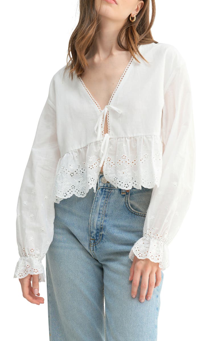 Lush Eyelet Ruffle Tie Front Cotton Top, Main, color,