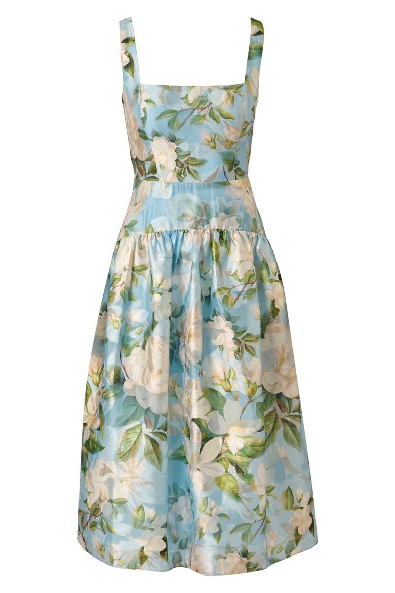 Gathered Floral Organza Midi Dress, Alternate, color, BLUE MULTI