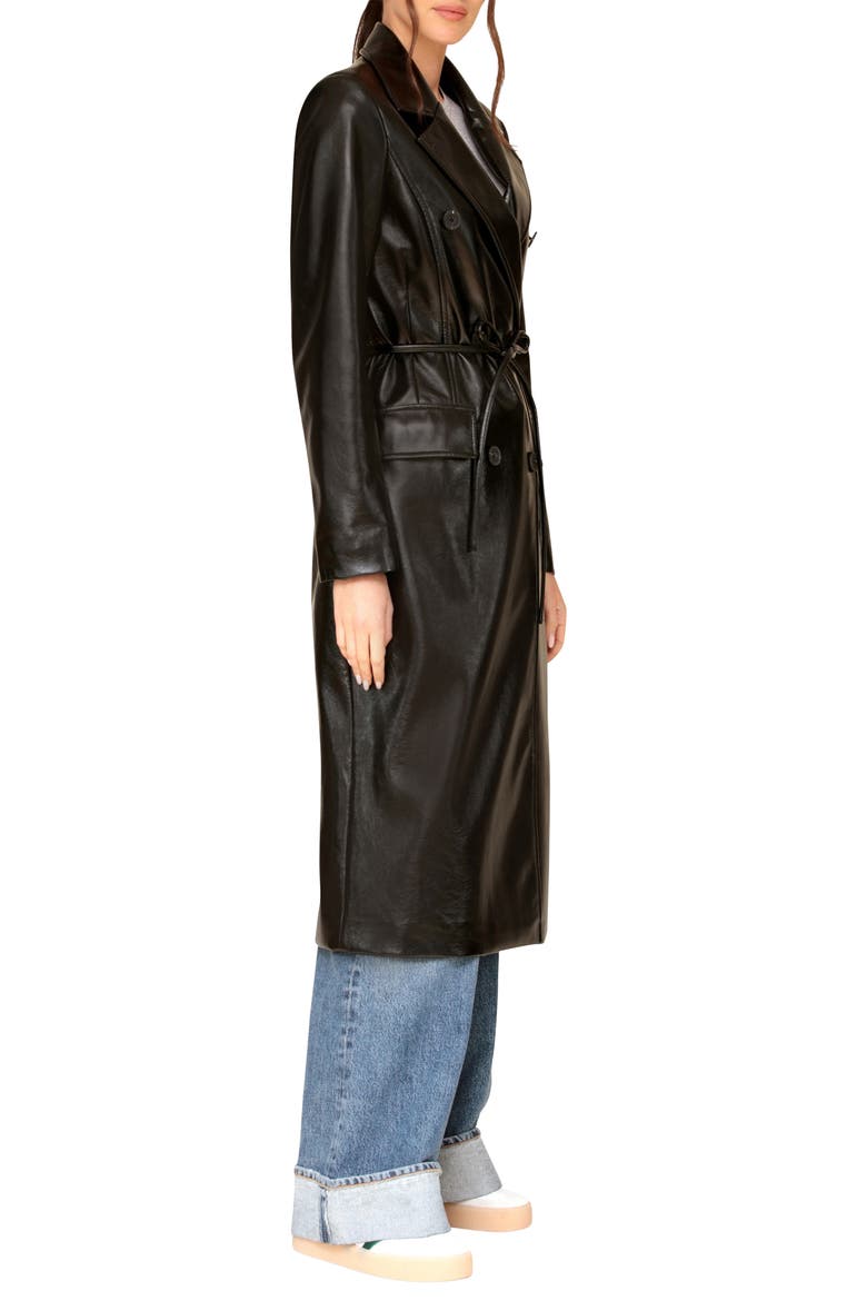 Faux Leather Belted Trench Coat, Alternate, color, BLACK