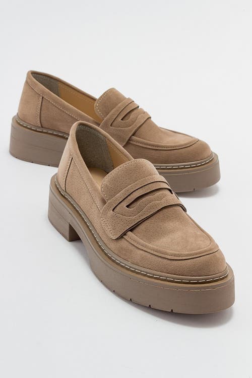 Forever & Always Shoes Josie Platform Loafer In Beige Suede Faux Leather