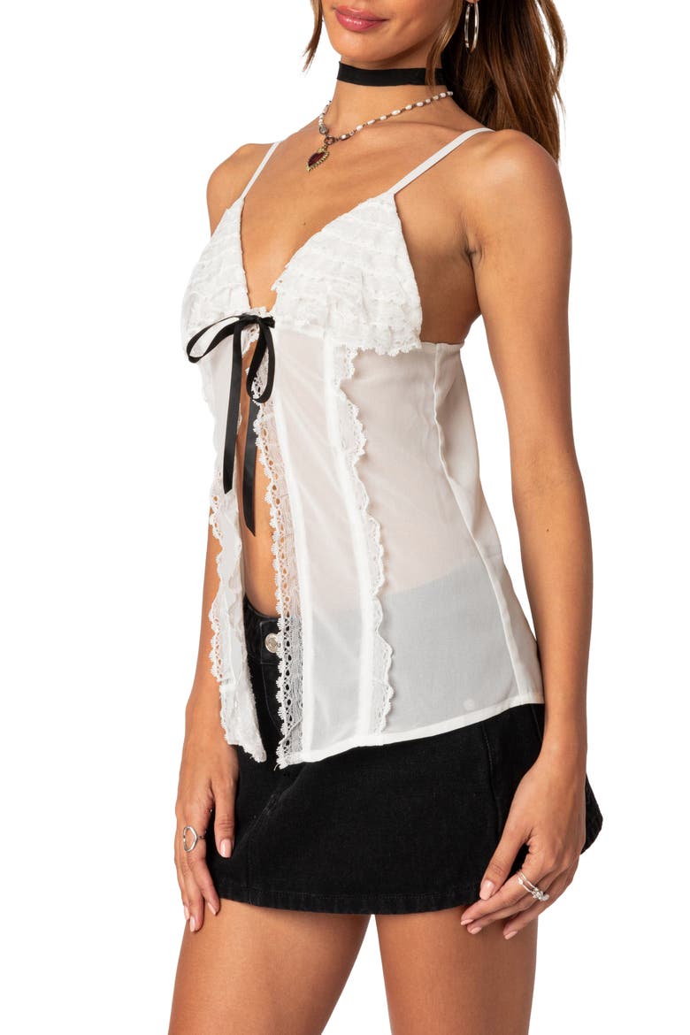 Linette Split Front Lace Trim Camisole, Alternate, color, WHITE