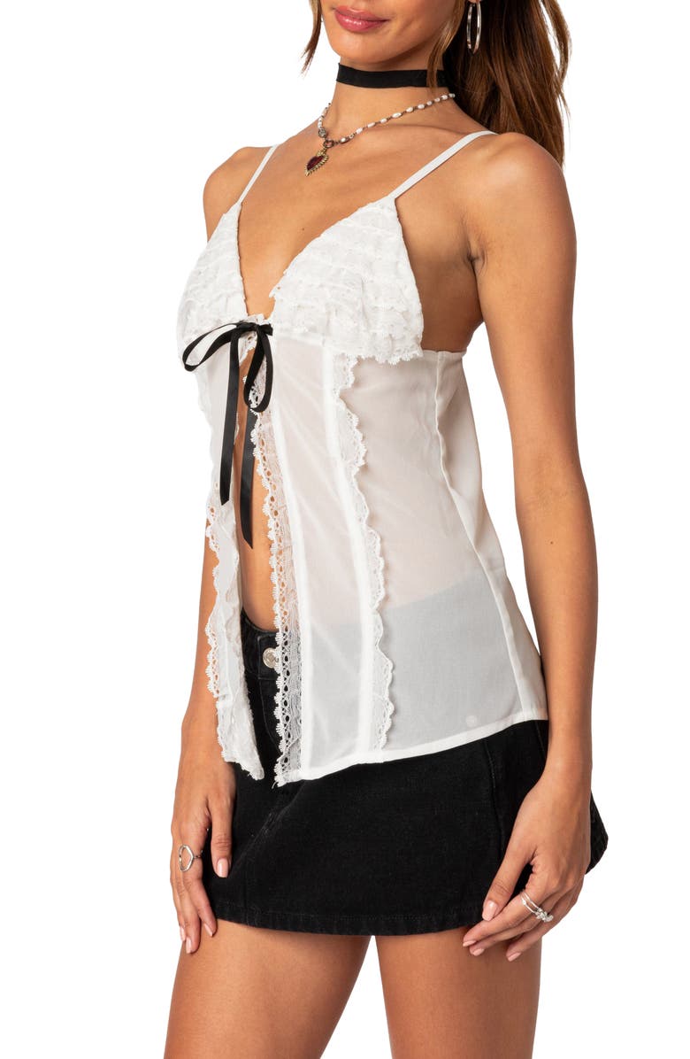 EDIKTED Linette Split Front Lace Trim Camisole, Alternate, color, White