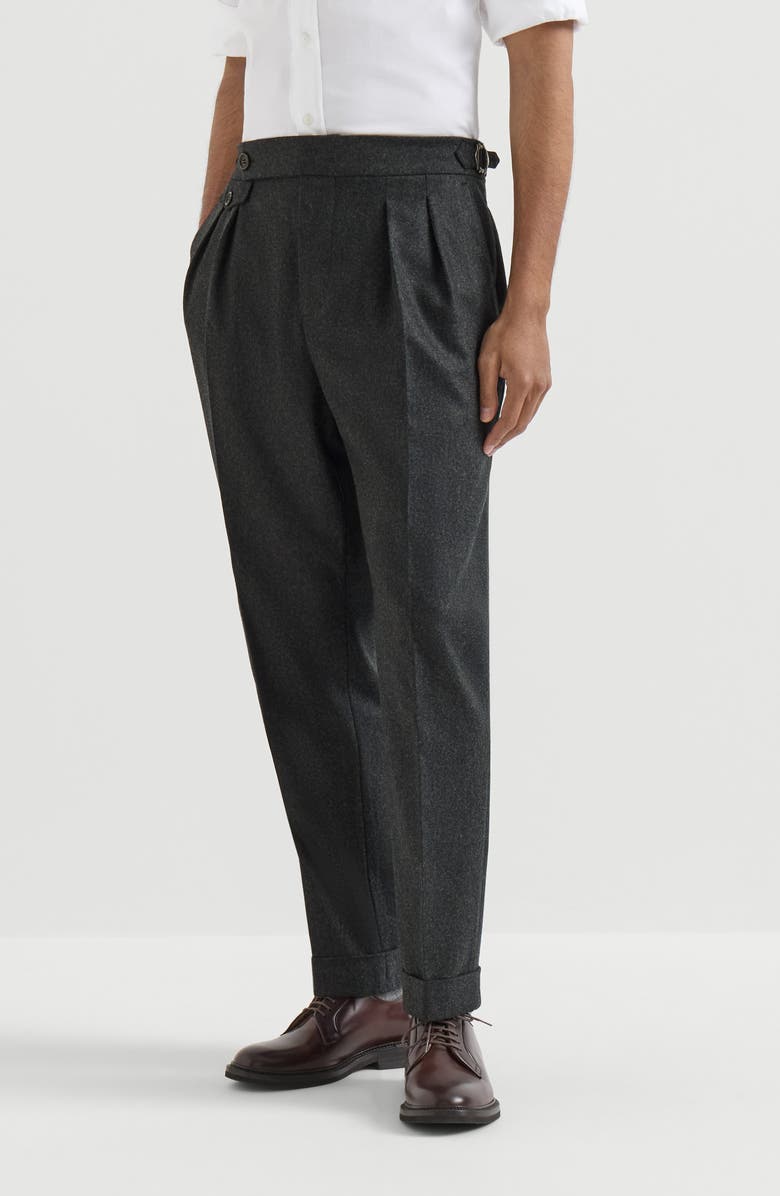 Brunello Cucinelli Virgin wool flannel trousers in twisted cotton gabardine with double pleats and waist tabs, Main, color, Lignite