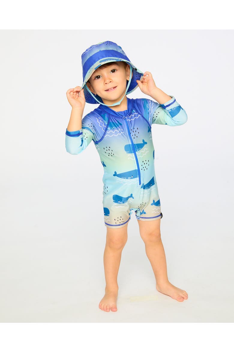 One-Piece Long Sleeve Whale Print Rashguard, Alternate, color, Blue Whale Print