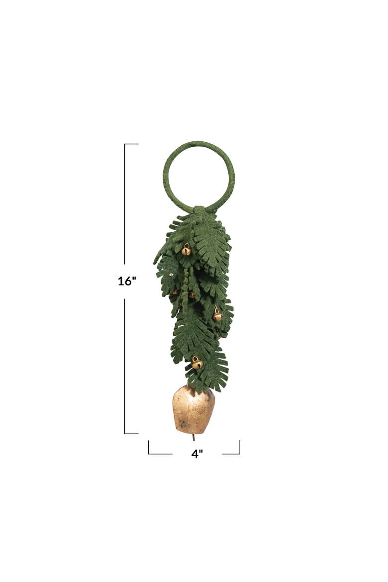 Handmade Wool Felt Leaves Door Hanger with Metal Bells, Alternate, color, Green and Gold Finish