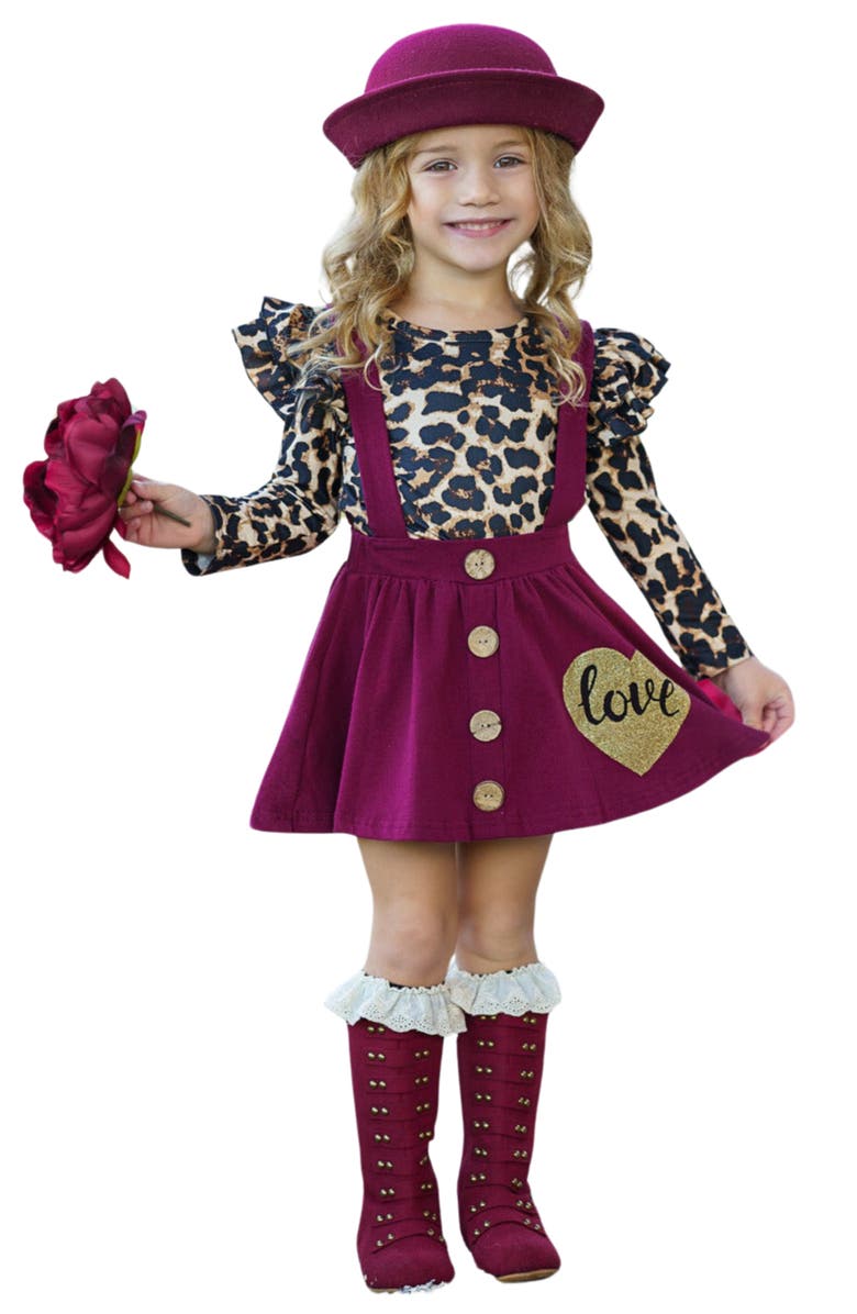 Mia Belle Girls Wild Love Suspender Skirt Set, Main, color, Red