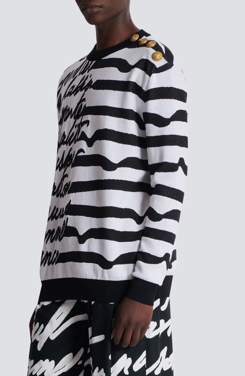 Balmain Love Letter Marinière Stripe Merino Wool Sweater, Alternate, color, White/ Black