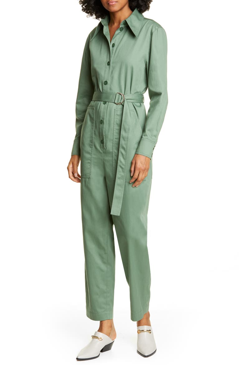 Long Sleeve Cotton Twill Jumpsuit, Main, color, DARK CELADON