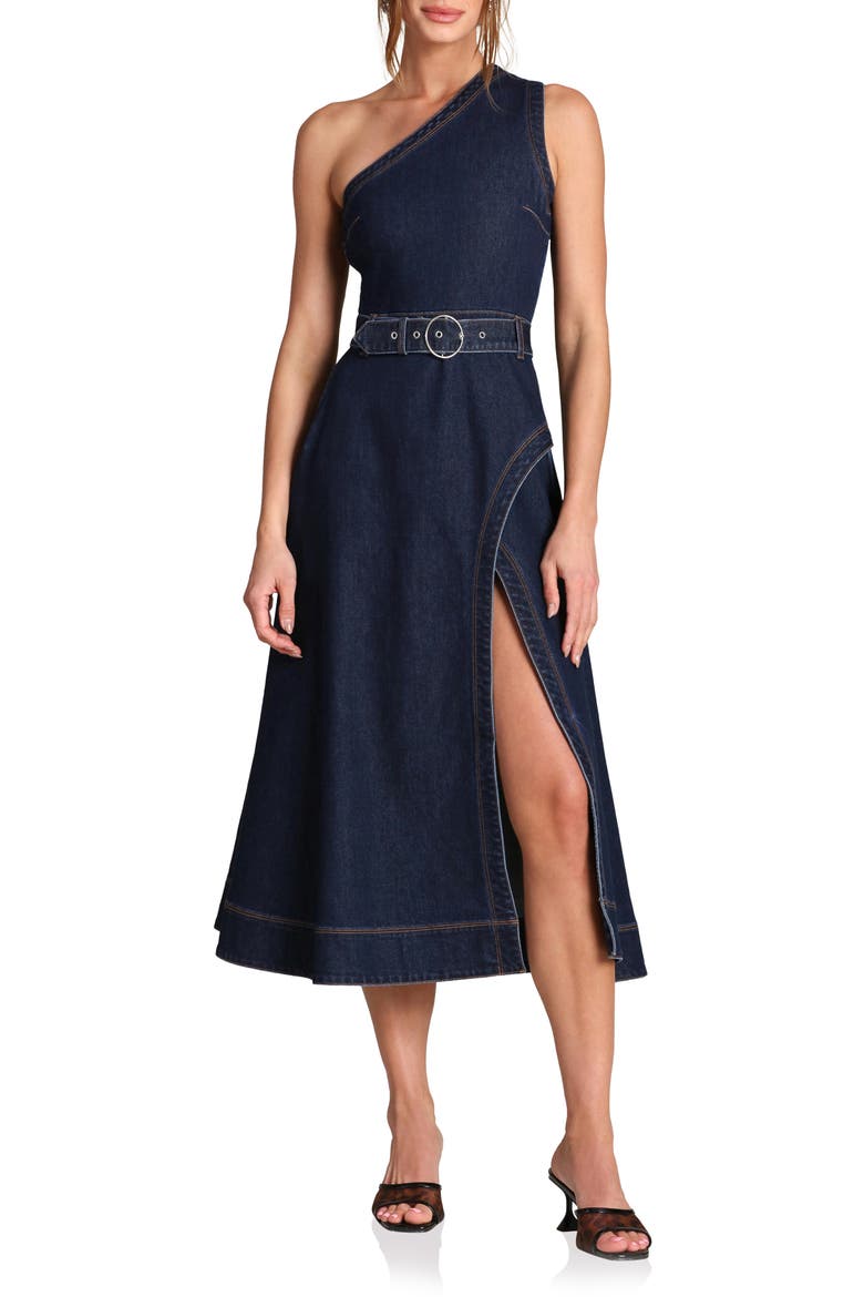 One-Shoulder Denim Midi Dress, Main, color, ROYAL RINSE