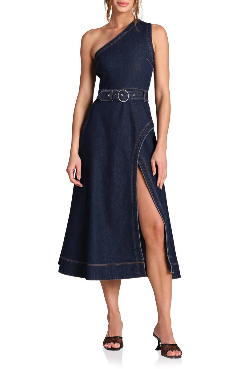 Avec Les Filles One-Shoulder Denim Midi Dress, Main, color, Royal Rinse