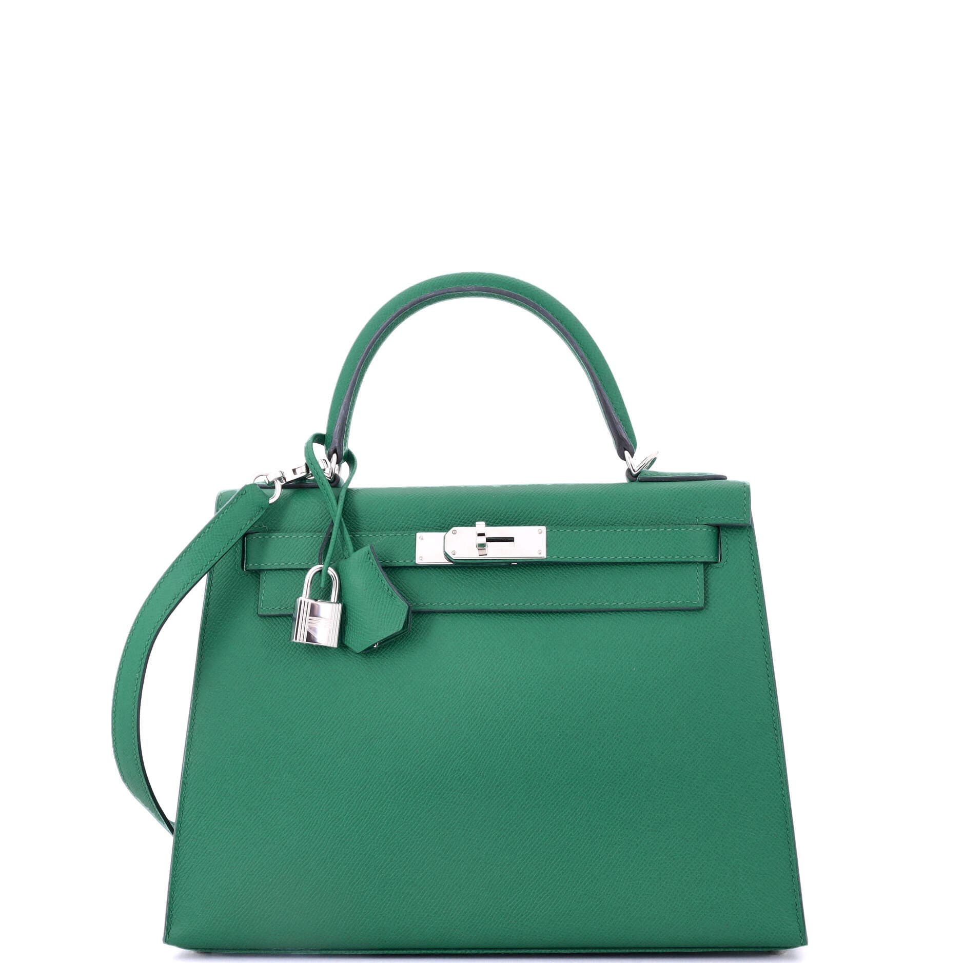 Pre-Owned Hermes Kelly Handbag Green Epsom with Palladium Hardware 28, Main, color, 