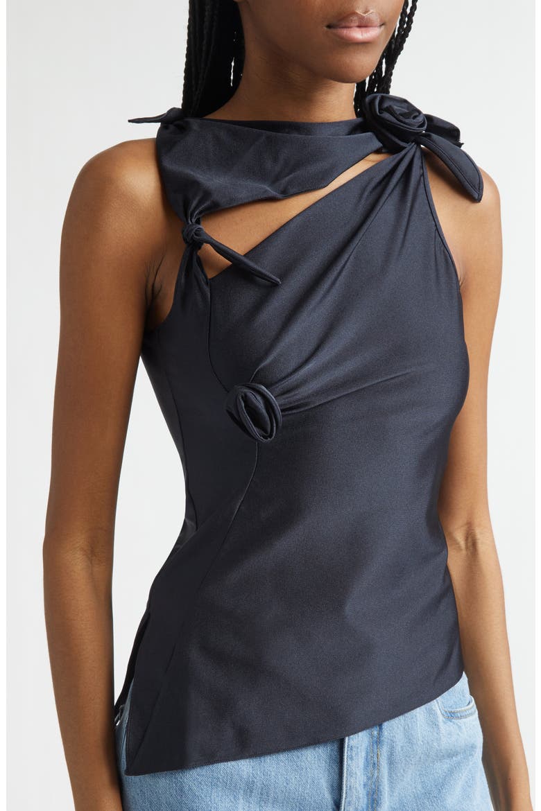 Rosette Cutout Asymmetric Jersey Top, Alternate, color, BLACK BLK