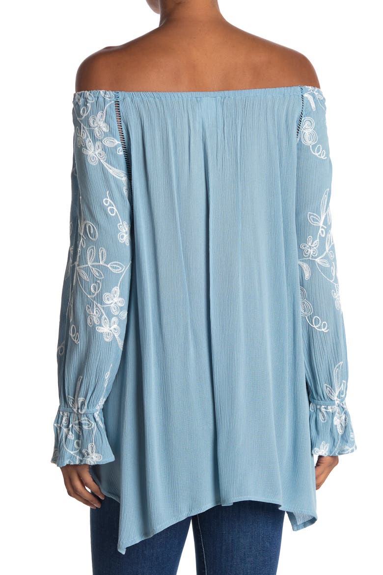 Off-the-Shoulder Embroidered Shark Bite Tunic, Alternate, color, DENIM